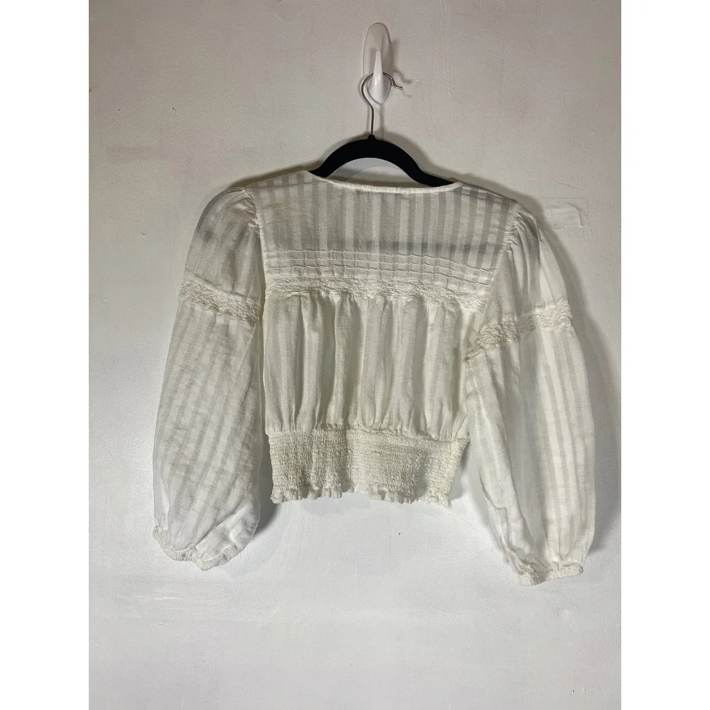 Zara XS Ivory Peasant Crop Top Lace Smocked Boho Cottagecore Blouse Milkmaid